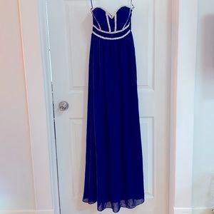 Navy Grecian style dress with beaded bodice. Full length size small.